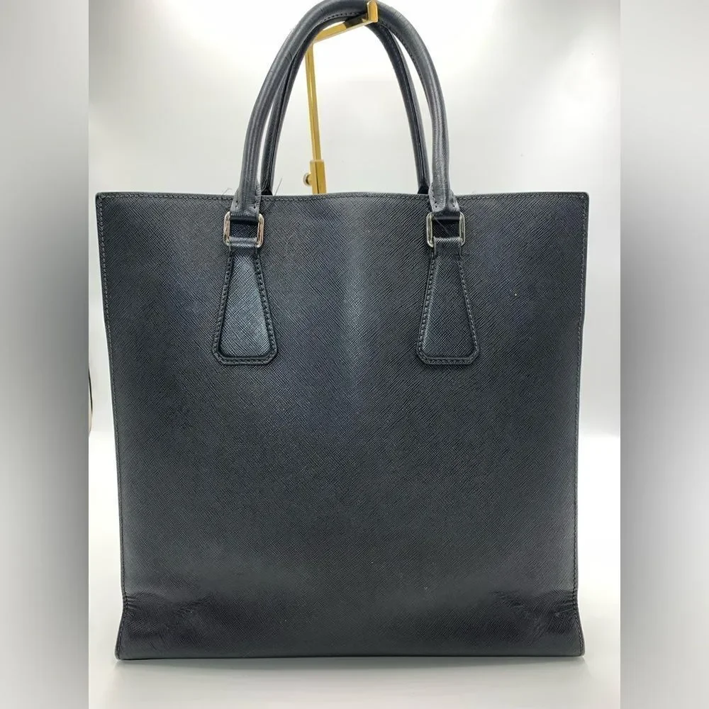 Auth Prada Black Saffiano Leather Web Blue Gray Stripe Travel Tote Preloved